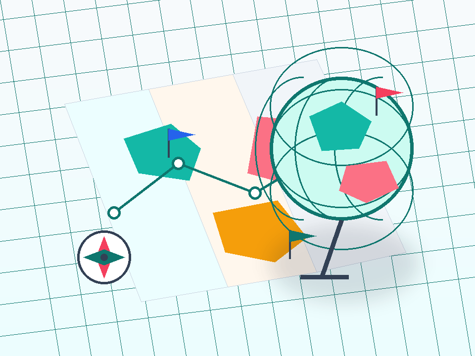 Illustration of a globe, map, compass, and route pins for a geography game